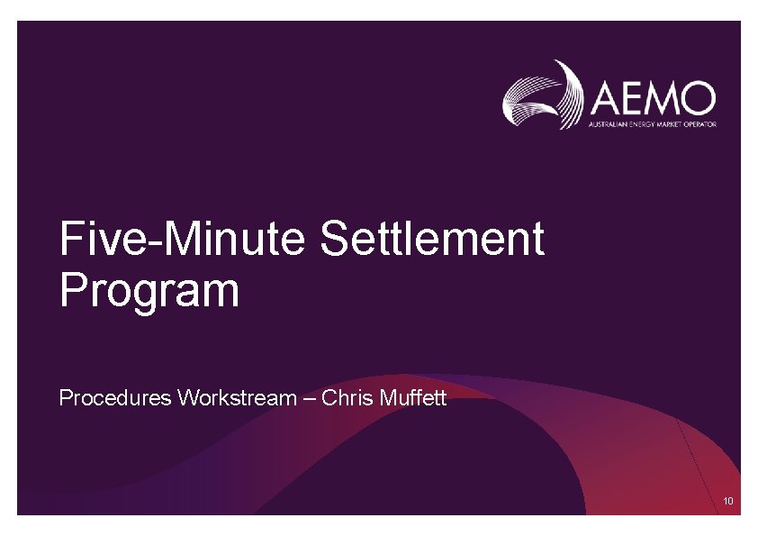Five-Minute Settlement Program Procedures Workstream – Chris Muffett 10 Five-Minute Settlement Program Procedures Workstream – Chris Muffett 10