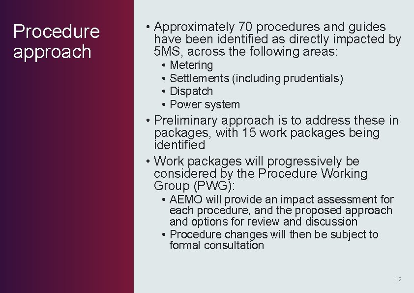 Procedure approach • Approximately 70 procedures and guides have been identified as directly impacted Procedure approach • Approximately 70 procedures and guides have been identified as directly impacted