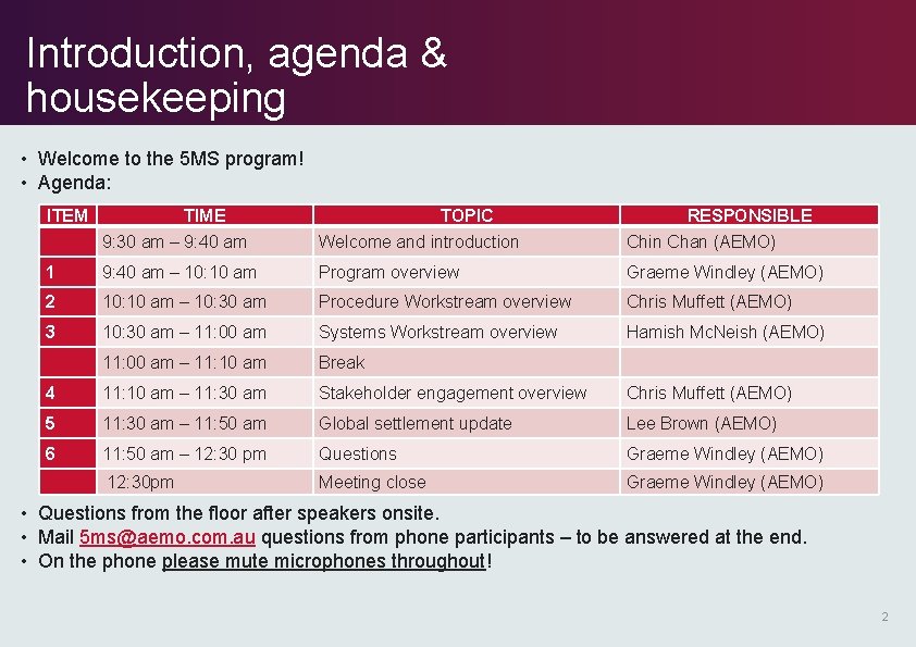 Introduction, agenda & housekeeping • Welcome to the 5 MS program! • Agenda: ITEM Introduction, agenda & housekeeping • Welcome to the 5 MS program! • Agenda: ITEM