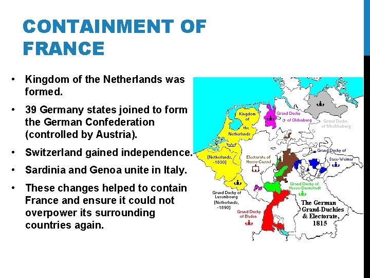 CONTAINMENT OF FRANCE • Kingdom of the Netherlands was formed. • 39 Germany states