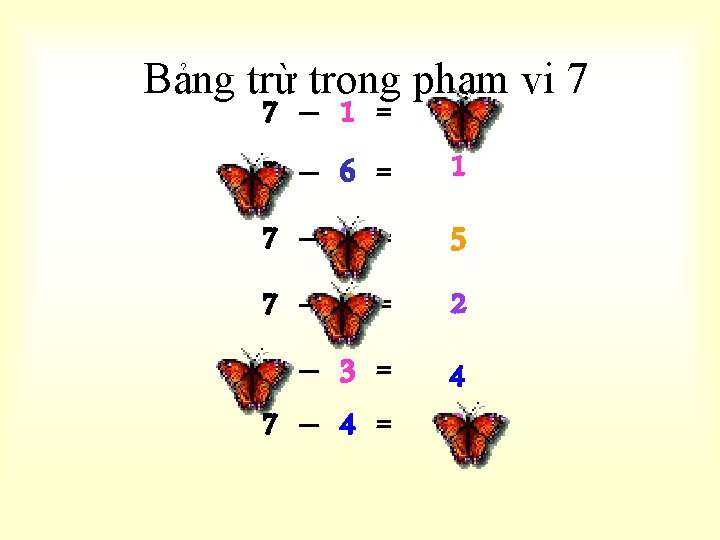 Bảng trừ trong phạm vi 7 7 – 1 = 6 7 – 6