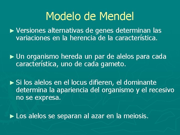 Modelo de Mendel ► Versiones alternativas de genes determinan las variaciones en la herencia