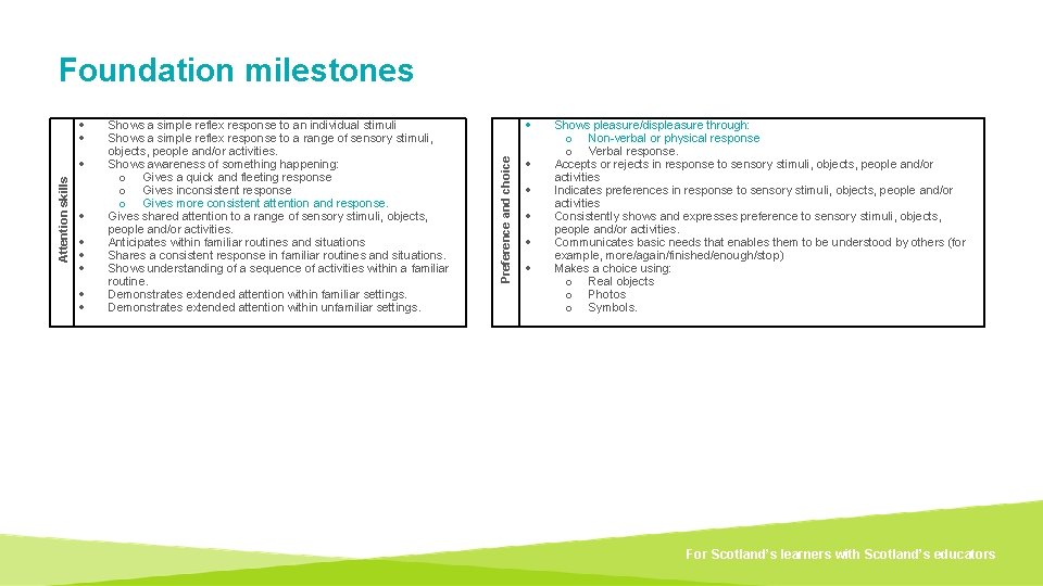 Foundation milestones Attention skills Shows a simple reflex response to an individual stimuli Shows