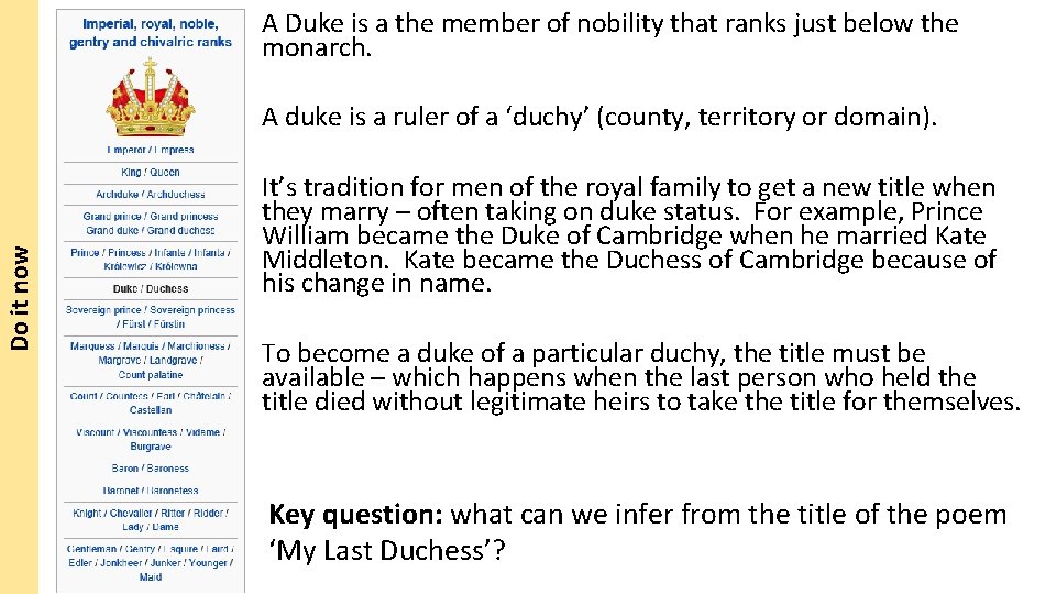 A Duke is a the member of nobility that ranks just below the monarch.