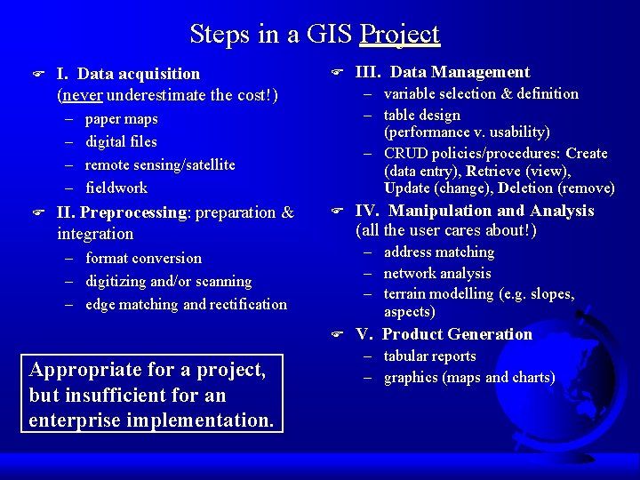 Steps in a GIS Project F I. Data acquisition (never underestimate the cost!) –