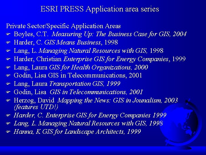 ESRI PRESS Application area series Private Sector/Specific Application Areas F Boyles, C. T. Measuring