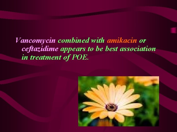  Vancomycin combined with amikacin or ceftazidime appears to be best association in treatment