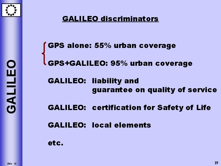 GALILEO discriminators GALILEO GPS alone: 55% urban coverage GPS+GALILEO: 95% urban coverage GALILEO: liability