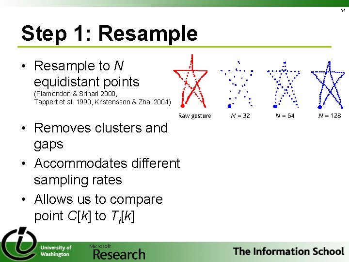 24 Step 1: Resample • Resample to N equidistant points (Plamondon & Srihari 2000,