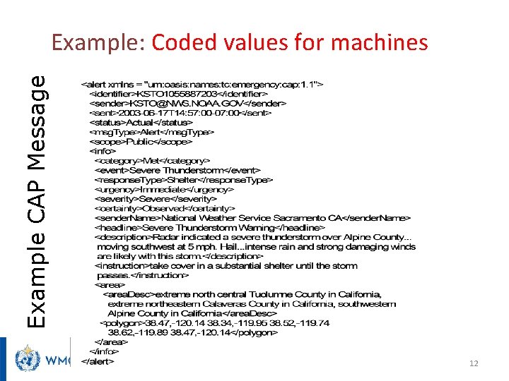 Example CAP Message Example: Coded values for machines CAP 101 - Introducing CAP 12