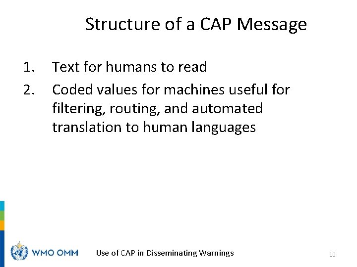 Structure of a CAP Message 1. 2. Text for humans to read Coded values