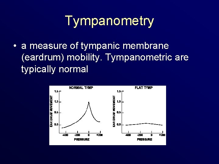 Tympanometry • a measure of tympanic membrane (eardrum) mobility. Tympanometric are typically normal 