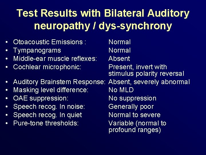 Test Results with Bilateral Auditory neuropathy / dys-synchrony • • • Otoacoustic Emissions :