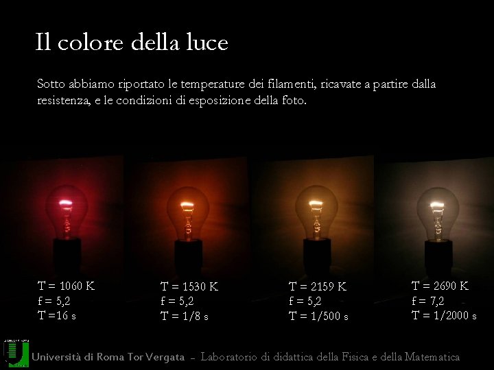 Il colore della luce Sotto abbiamo riportato le temperature dei filamenti, ricavate a partire