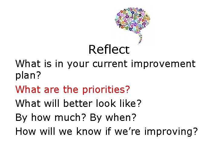 Reflect What is in your current improvement plan? What are the priorities? What will