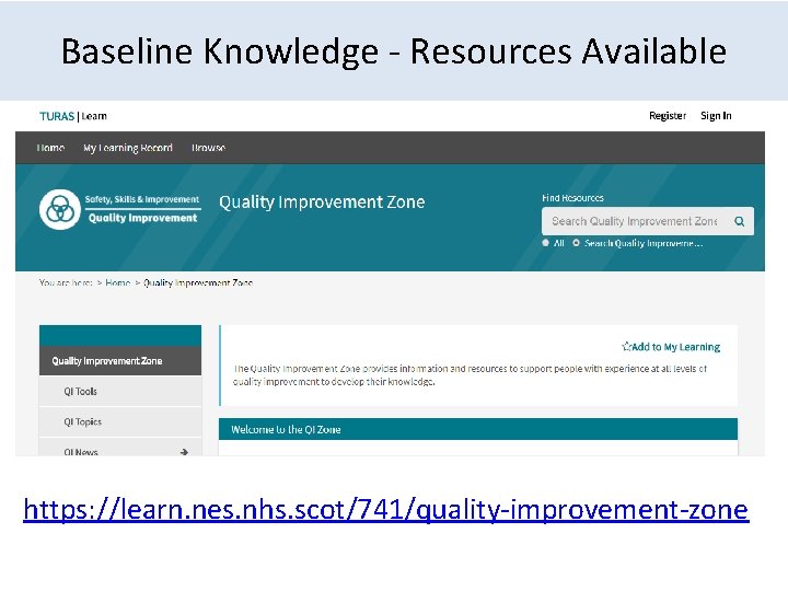 Baseline Knowledge - Resources Available https: //learn. nes. nhs. scot/741/quality-improvement-zone 