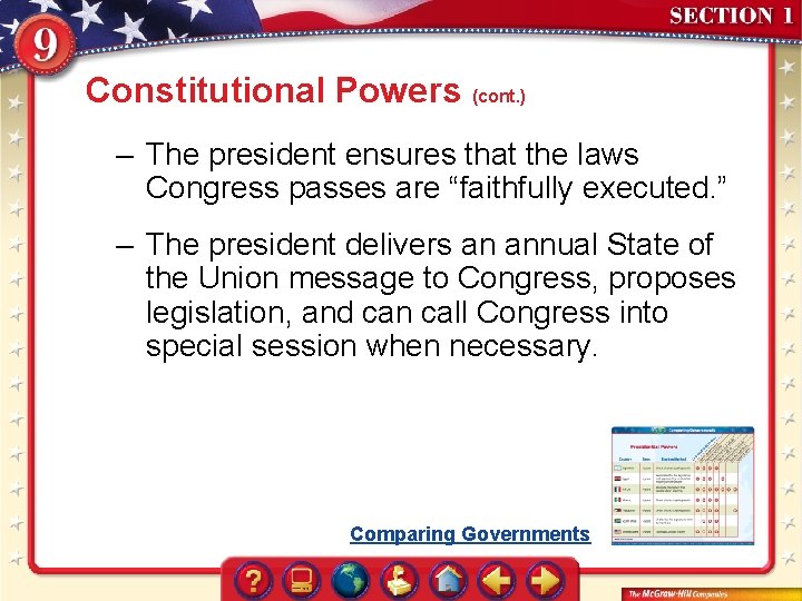 Constitutional Powers (cont. ) – The president ensures that the laws Congress passes are