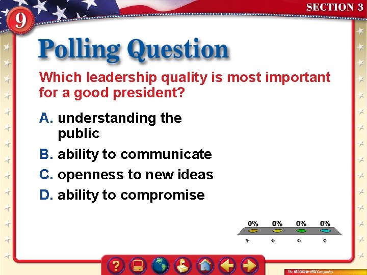 Which leadership quality is most important for a good president? A. understanding the public