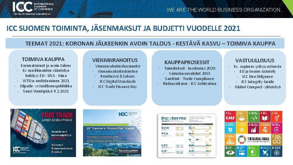 WE ARE THE WORLD BUSINESS ORGANIZATION. ICC SUOMEN TOIMINTA, JÄSENMAKSUT JA BUDJETTI VUODELLE 2021