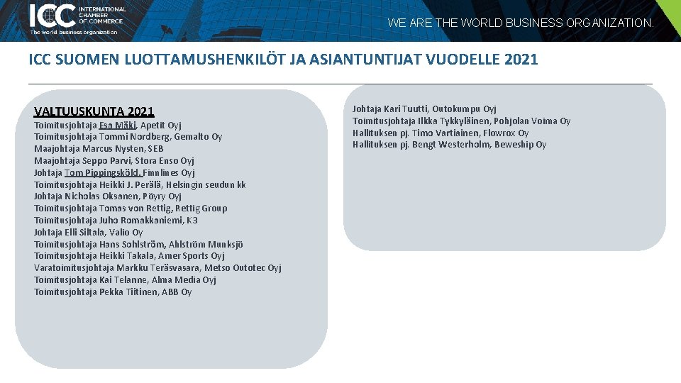 WE ARE THE WORLD BUSINESS ORGANIZATION. ICC SUOMEN LUOTTAMUSHENKILÖT JA ASIANTUNTIJAT VUODELLE 2021 VALTUUSKUNTA