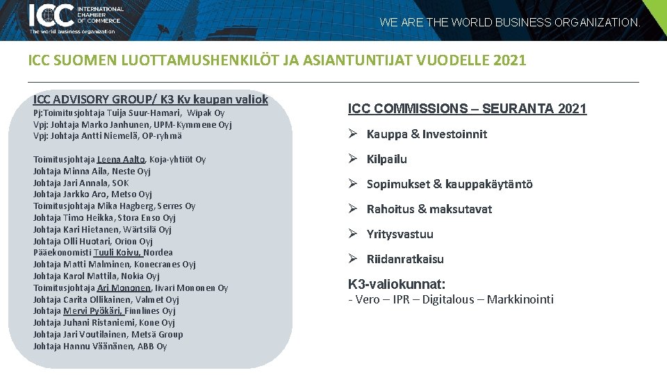 WE ARE THE WORLD BUSINESS ORGANIZATION. ICC SUOMEN LUOTTAMUSHENKILÖT JA ASIANTUNTIJAT VUODELLE 2021 ICC