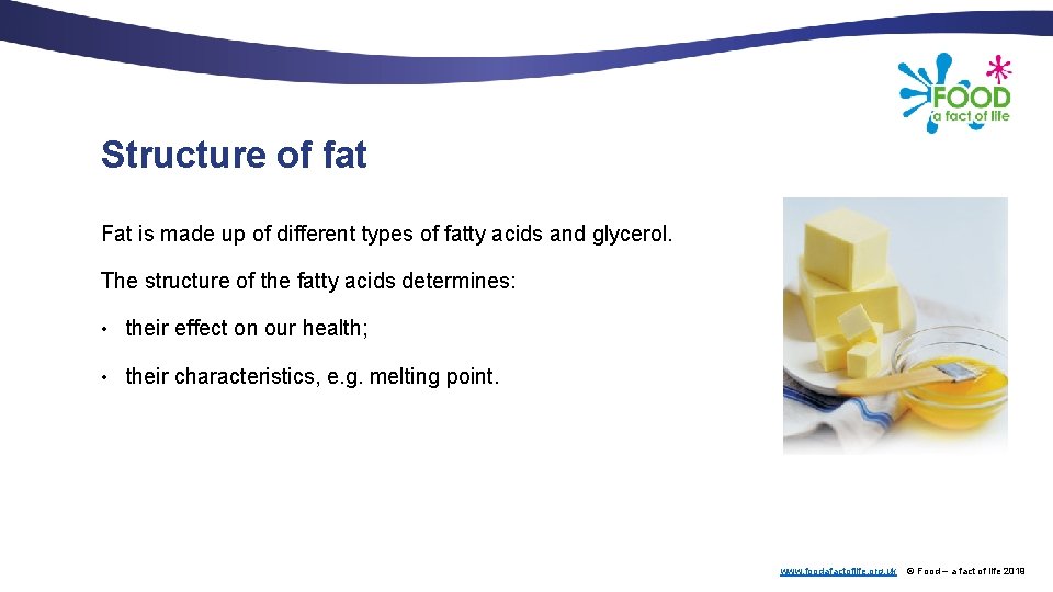 Structure of fat Fat is made up of different types of fatty acids and