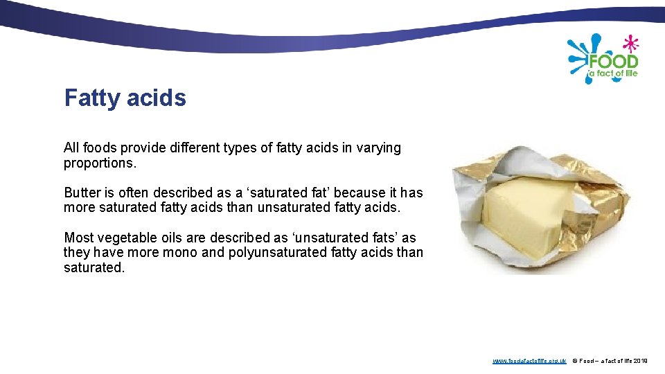 Fatty acids All foods provide different types of fatty acids in varying proportions. Butter