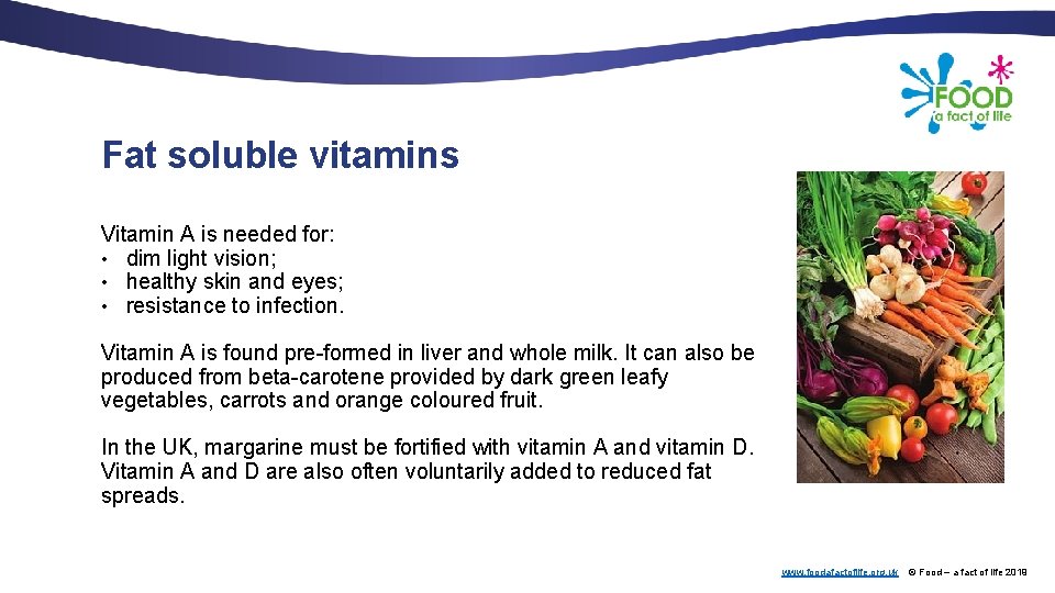 Fat soluble vitamins Vitamin A is needed for: • dim light vision; • healthy