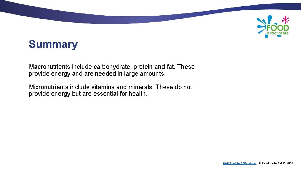 Summary Macronutrients include carbohydrate, protein and fat. These provide energy and are needed in