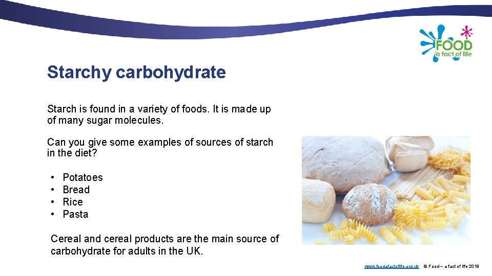 Starchy carbohydrate Starch is found in a variety of foods. It is made up