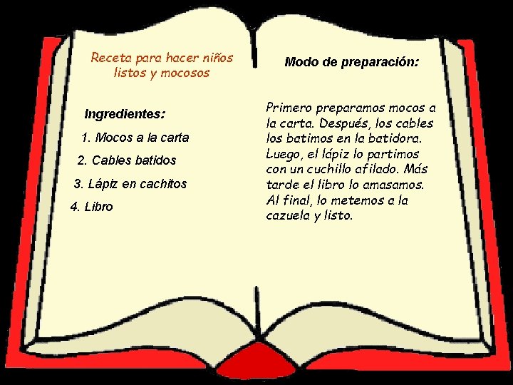 Receta para hacer niños Receta para… listos y mocosos Ingredientes: 1. Mocos a la