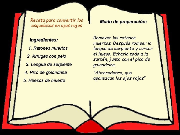 Receta para… para convertir los esqueletos en ojos rojos Ingredientes: 1. Ratones muertos 2.