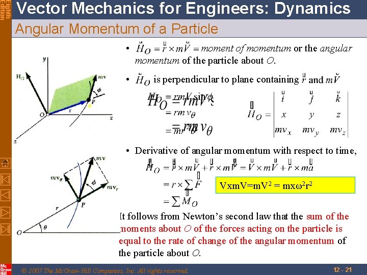 Eighth Edition Vector Mechanics for Engineers: Dynamics Angular Momentum of a Particle • • Eighth Edition Vector Mechanics for Engineers: Dynamics Angular Momentum of a Particle • •