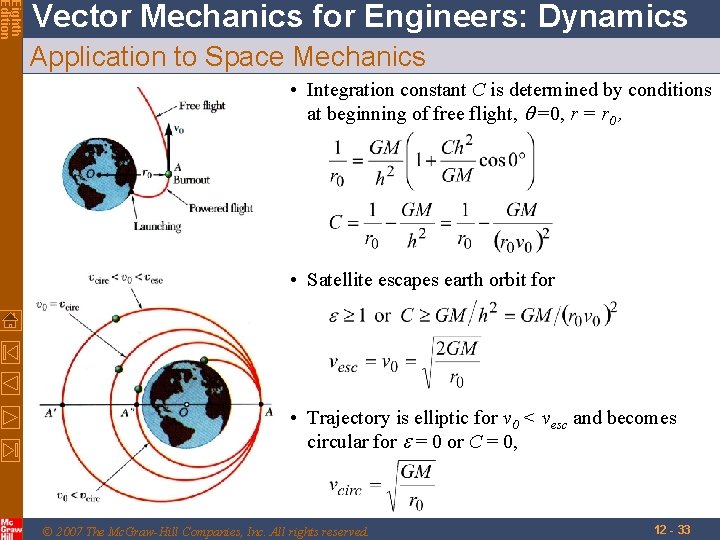 Eighth Edition Vector Mechanics for Engineers: Dynamics Application to Space Mechanics • Integration constant Eighth Edition Vector Mechanics for Engineers: Dynamics Application to Space Mechanics • Integration constant