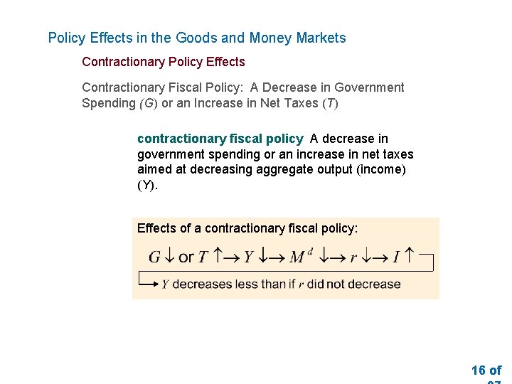 Policy Effects in the Goods and Money Markets Contractionary Policy Effects Contractionary Fiscal Policy: