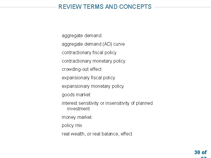 REVIEW TERMS AND CONCEPTS aggregate demand (AD) curve contractionary fiscal policy contractionary monetary policy