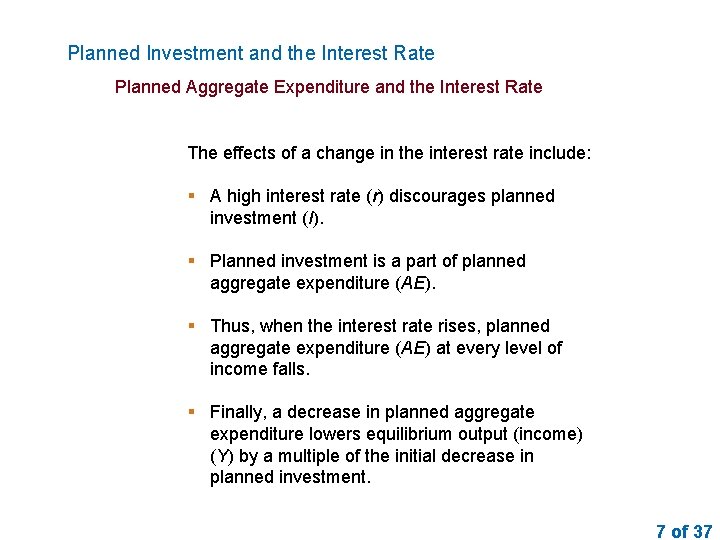 Planned Investment and the Interest Rate Planned Aggregate Expenditure and the Interest Rate The