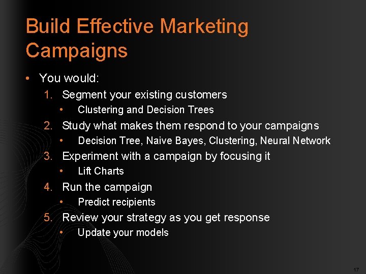 Build Effective Marketing Campaigns • You would: 1. Segment your existing customers • Clustering