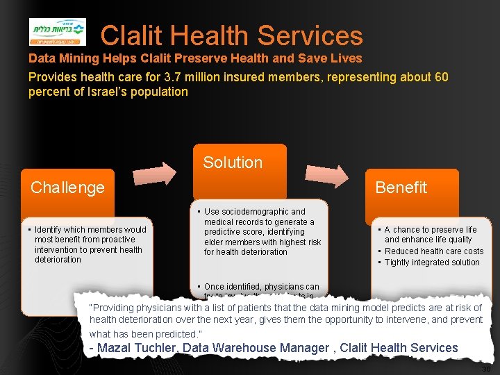 Clalit Health Services Data Mining Helps Clalit Preserve Health and Save Lives Provides health