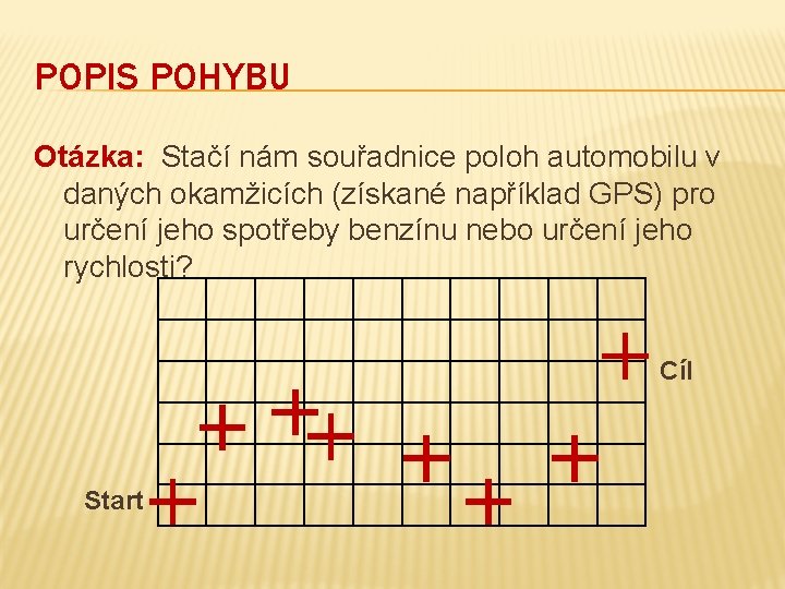 POPIS POHYBU Otázka: Stačí nám souřadnice poloh automobilu v daných okamžicích (získané například GPS)