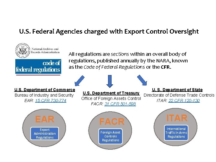 U. S. Federal Agencies charged with Export Control Oversight All regulations are sections within