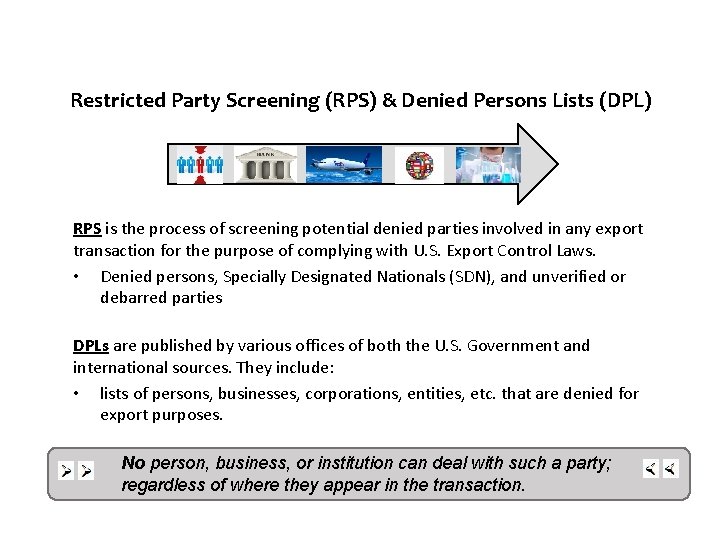 Restricted Party Screening (RPS) & Denied Persons Lists (DPL) RPS is the process of
