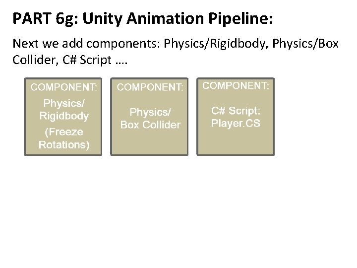 PART 6 g: Unity Animation Pipeline: Next we add components: Physics/Rigidbody, Physics/Box Collider, C#