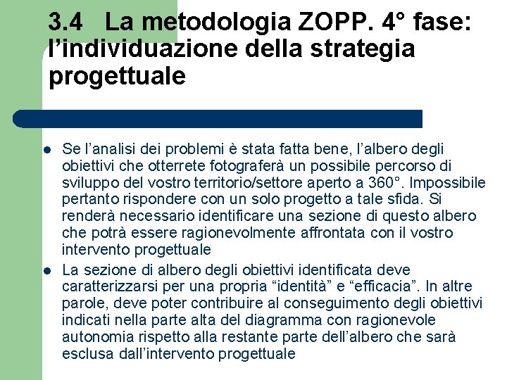 3. 4 La metodologia ZOPP. 4° fase: l’individuazione della strategia progettuale l l Se