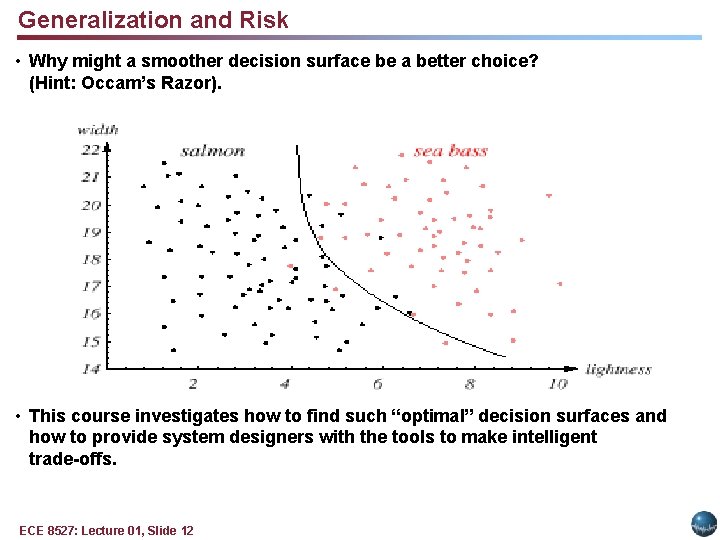 Generalization and Risk • Why might a smoother decision surface be a better choice?