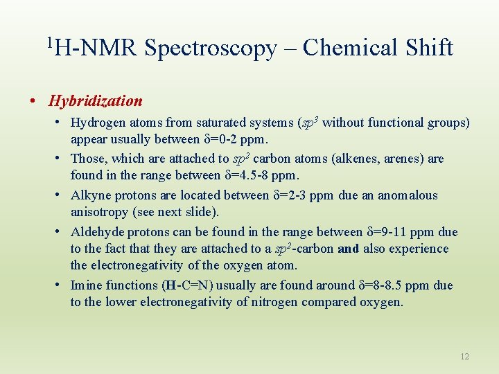 1 H-NMR Spectroscopy – Chemical Shift • Hybridization • Hydrogen atoms from saturated systems 1 H-NMR Spectroscopy – Chemical Shift • Hybridization • Hydrogen atoms from saturated systems
