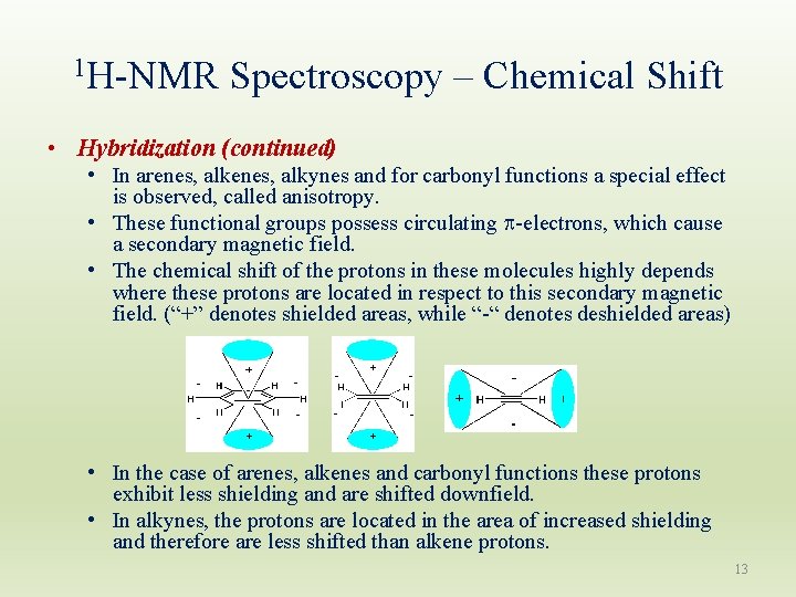 1 H-NMR Spectroscopy – Chemical Shift • Hybridization (continued) • In arenes, alkynes and 1 H-NMR Spectroscopy – Chemical Shift • Hybridization (continued) • In arenes, alkynes and