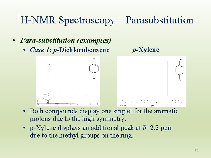 1 H-NMR Spectroscopy – Parasubstitution • Para-substitution (examples) • Case 1: p-Dichlorobenzene p-Xylene • 1 H-NMR Spectroscopy – Parasubstitution • Para-substitution (examples) • Case 1: p-Dichlorobenzene p-Xylene •