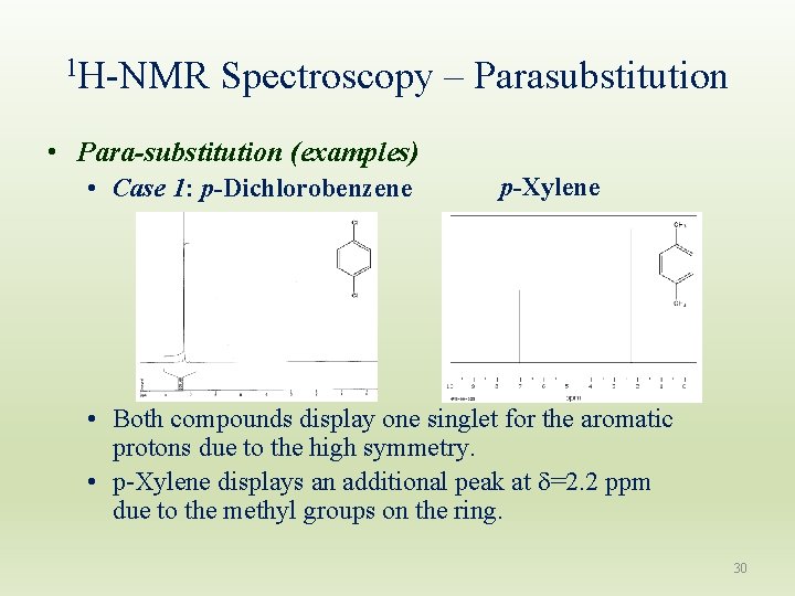 1 H-NMR Spectroscopy – Parasubstitution • Para-substitution (examples) • Case 1: p-Dichlorobenzene p-Xylene •