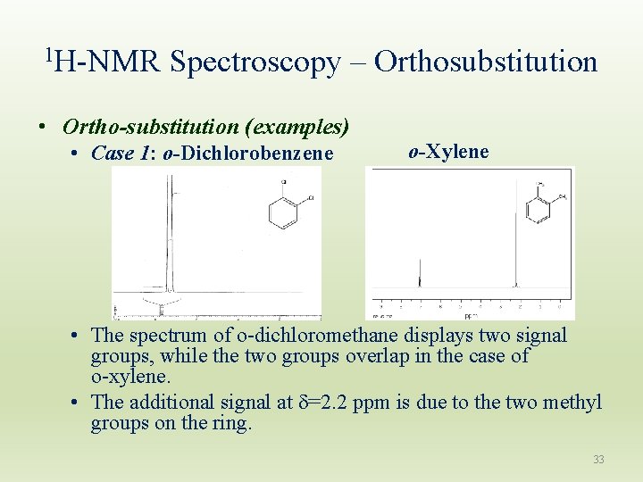 1 H-NMR Spectroscopy – Orthosubstitution • Ortho-substitution (examples) • Case 1: o-Dichlorobenzene o-Xylene • 1 H-NMR Spectroscopy – Orthosubstitution • Ortho-substitution (examples) • Case 1: o-Dichlorobenzene o-Xylene •